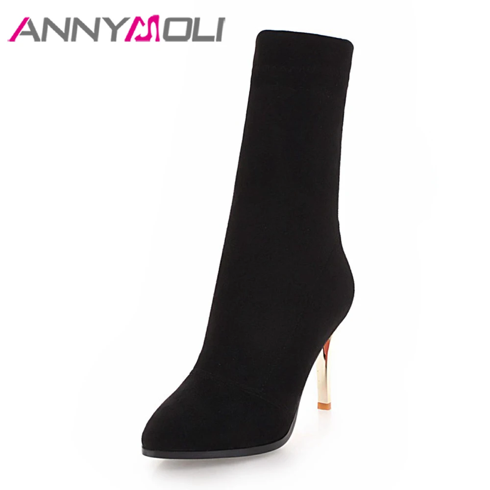 ANNYMOLI Brand Designer Boots Elastic Thin High Heels Sock Boots Winter Pointed Toe Mid Calf Boots Ladies Footwear Beige 34-43
ANNYMOLI Brand Designer Boots Elastic Thin High Heels Sock Boots Winter Pointed Toe Mid Calf Boots Ladies Footwear Beige 34-43