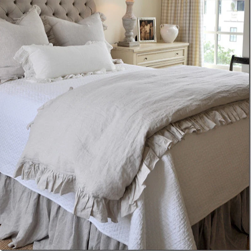 2018 French Ruffled Linen Duvet Cover King Size Flax Linen Bedding