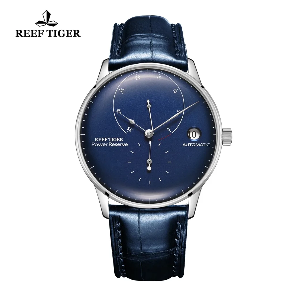 Модные деловые часы Reef Tiger/RT Мужские автоматические из нержавеющей стали с синим