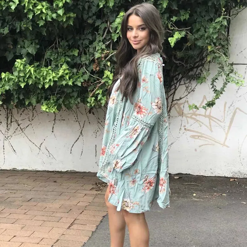 yinlinhe Yellow Florla Bohemian Summer Dress Long Lantern Sleeve V neck Beach Dress Women Hollow Out Loose Elegant Vestidos 6