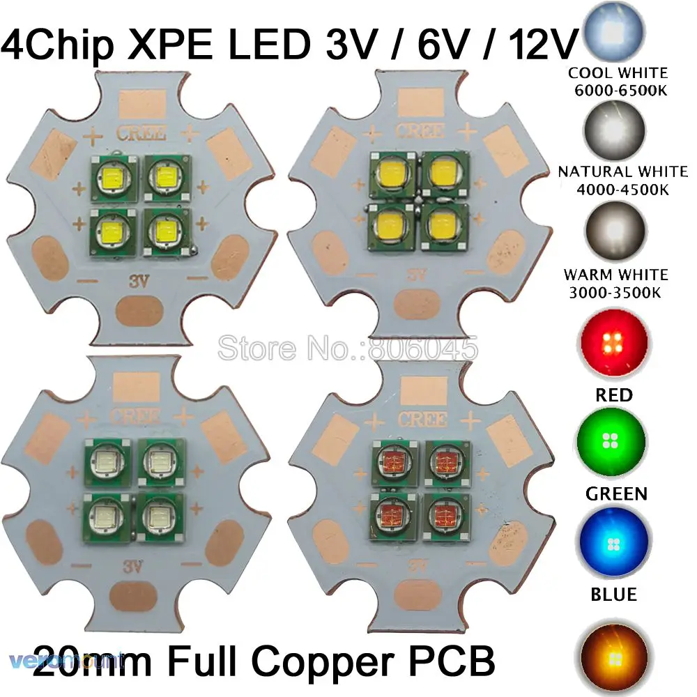 

5pcs Cree XPE XP-E 4 Chips 4-12W LED Emitter Car Light Red Green Blue Yellow White Warm White LED with 20mm 3V 6V 12V Cooper PCB