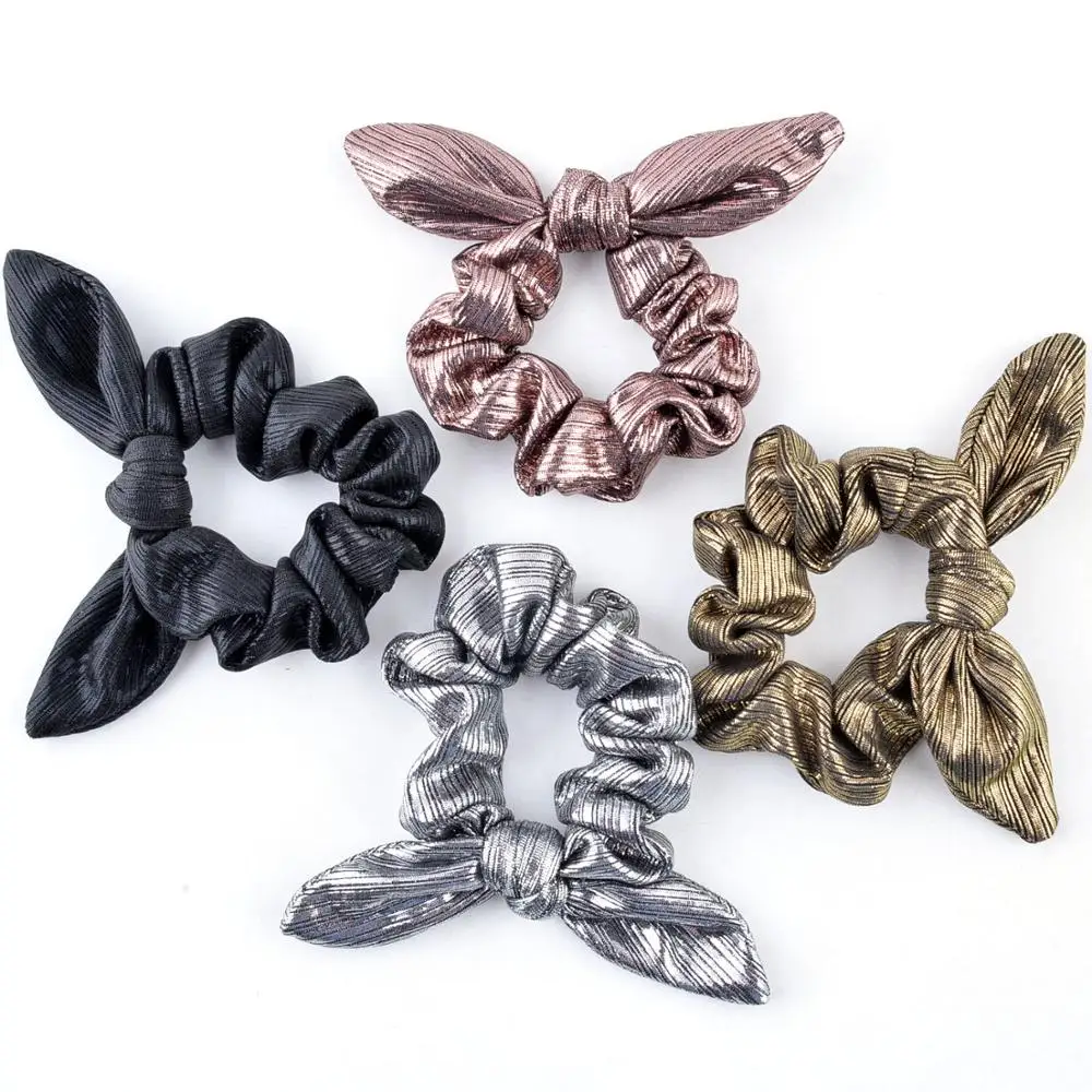 

Silver and Gold Metallic Bunny Rabbit Ear Knot Bow Elastic Scrunchie for Girls and Women Ponytails Buns & Wrist Hair Acc