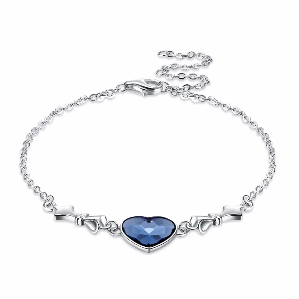 Фото YYLYCL 925 серебряный браслет сердце Форма синий кристалл шарм Браслеты для Для