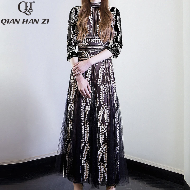 Qian Han Zi 2019 Fashion Designer Runway Maxi dress Women's 3/4 Sleeve Vintage Mesh high quality Embroidered Lace long Dress
Qian Han Zi 2019 Fashion Designer Runway Maxi dress Women's 3/4 Sleeve Vintage Mesh high quality Embroidered Lace long Dress