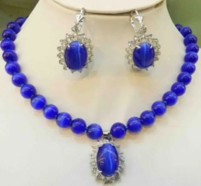 30% off > Sapphire Blue Mexican Opal Round Beads Gems Pendant Necklace Earring Set 18" (A0425) -Top quality Fast shipping | Украшения