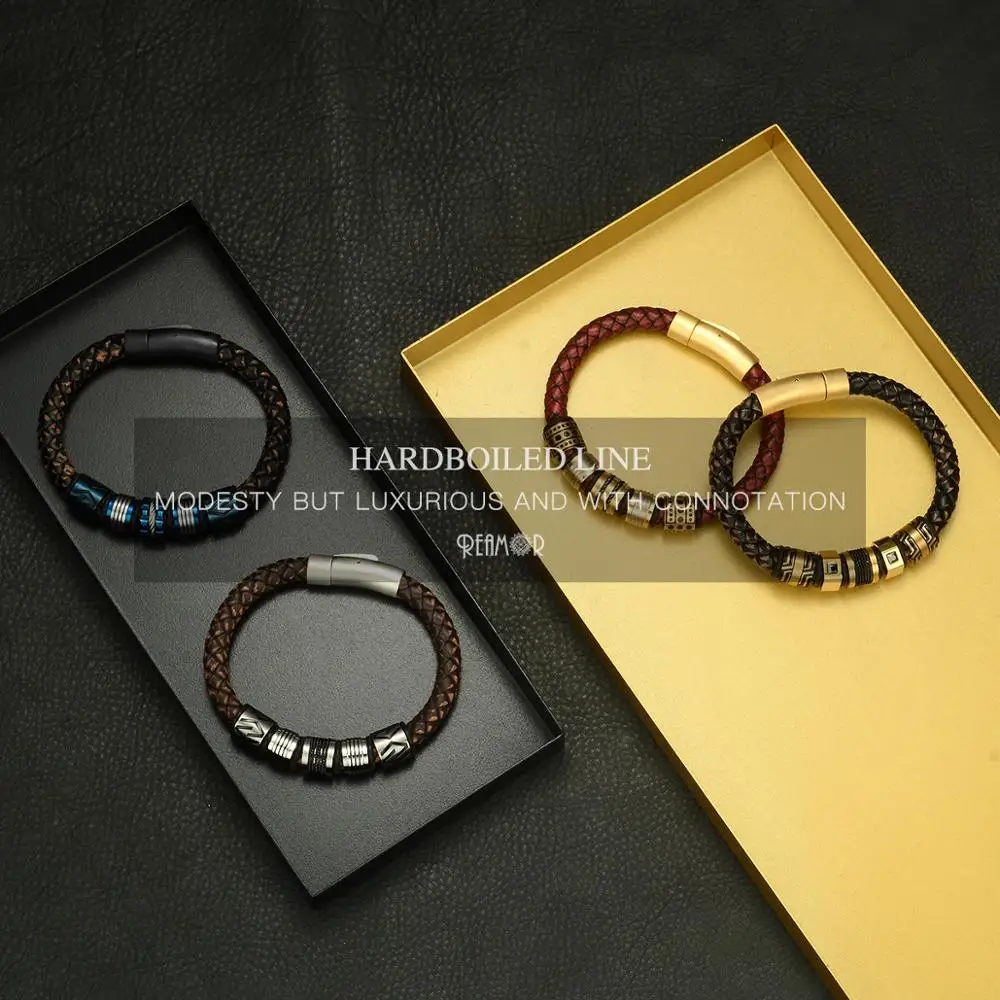 Мужские браслеты с черными цирконами REAMOR Роскошные из нержавеющей стали