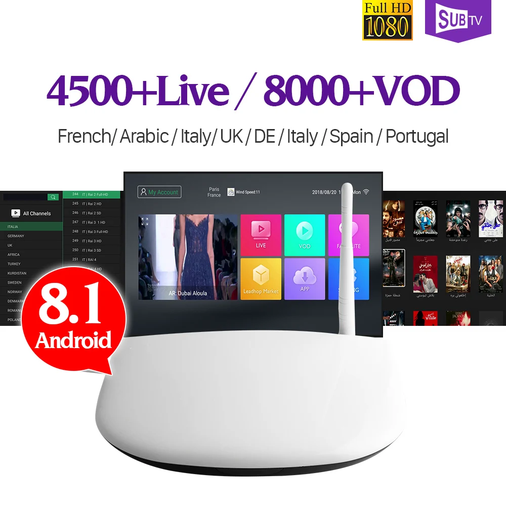 SUBTV Arabic IPTV France Subscription Q1304 Android 8.1 1+8G RK3229 France Italy Arabic French IPTV 4K Android TV Set Top Box
SUBTV Arabic IPTV France Subscription Q1304 Android 8.1 1+8G RK3229 France Italy Arabic French IPTV 4K Android TV Set Top Box