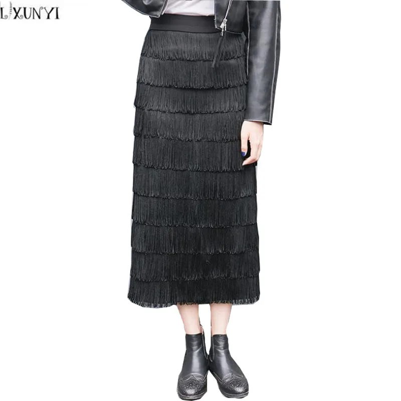 LXUNUYI Street Style Women Fringe Tassel Skirt Fashion Woman Skirts Elegant Black A Line Slim High Waist Long Skirt Autumn mujer 
LXUNUYI Street Style Women Fringe Tassel Skirt Fashion Woman Skirts Elegant Black A Line Slim High Waist Long Skirt Autumn mujer
