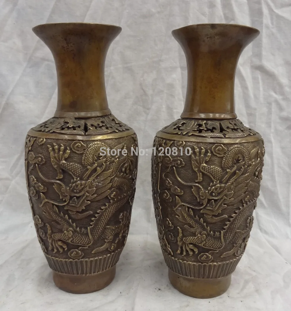 10" Chinese Bronze Collect Buddhism Fly Dragon Head Statue Flower Vase Pot Pair
10" Chinese Bronze Collect Buddhism Fly Dragon Head Statue Flower Vase Pot Pair