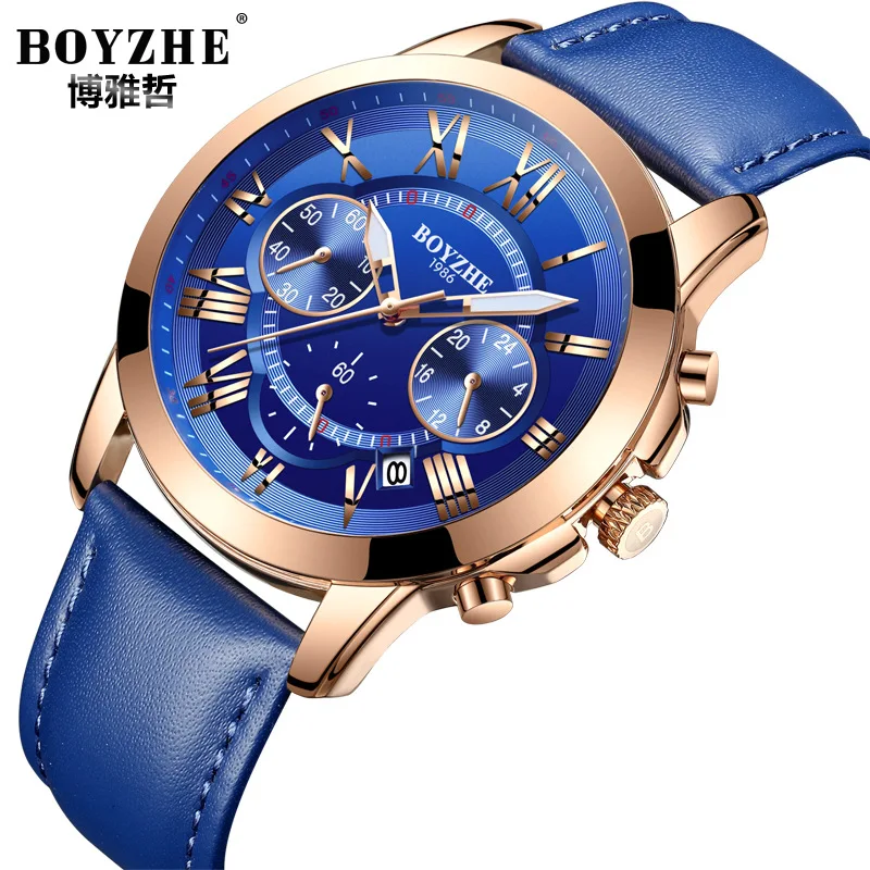 

man watches luxury quartz genuine leather mens wristwatches blue black brown waterproof Chronograph calendar boyzhe brand clocks