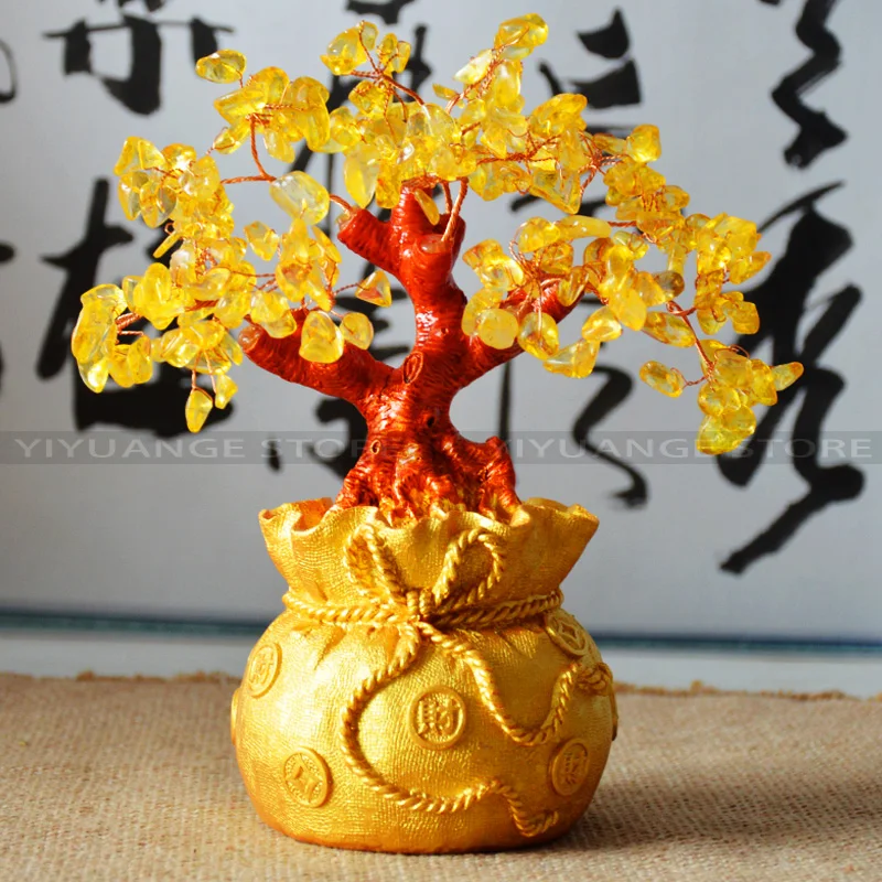 

fengshui natural Crystal Lucky Tree Wealth Pretty Citrine Yellow Crystal Gem Tree Golden chinese money tree