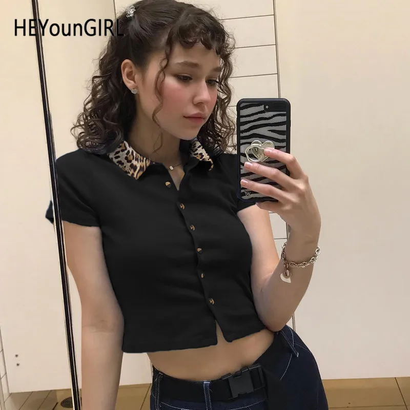 HEYounGIRL Turn-down Collar Leopard Printed Tshirt Woman Casual Korean Crop Tshirts Cotton Women Basic Black Harajuku Tee Shirt
HEYounGIRL Turn-down Collar Leopard Printed Tshirt Woman Casual Korean Crop Tshirts Cotton Women Basic Black Harajuku Tee Shirt