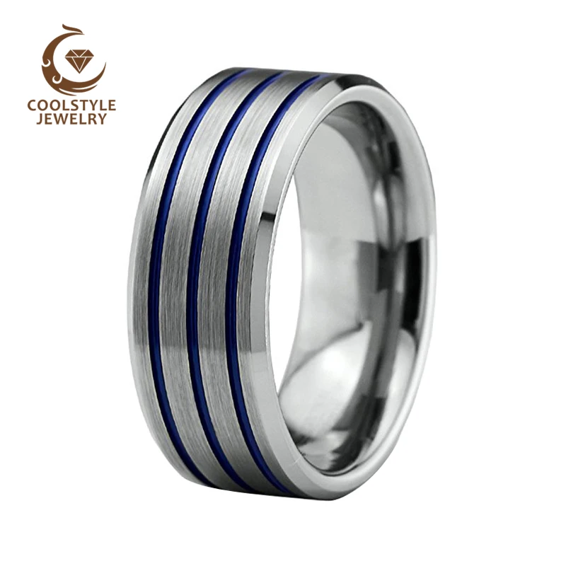 8mm New Style Blue Tungsten Wedding Ring For Couple 3 Blue Center Lines Silver Matte Top Beveled Edges Comfort Fit
8mm New Style Blue Tungsten Wedding Ring For Couple 3 Blue Center Lines Silver Matte Top Beveled Edges Comfort Fit