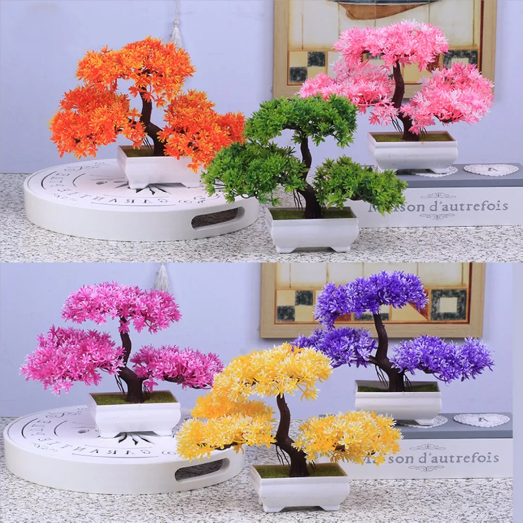 New Plastic Resin Bonsai Tree Artificial Plant Decoration For Office Home 18cm 6 Colors