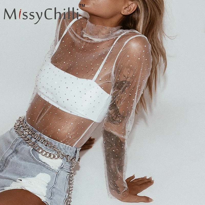 Glamaker Sexy mesh white blouse shirt Women sequin basic transparent turtleneck blouses shirts Summer club elegant black top tee
Glamaker Sexy mesh white blouse shirt Women sequin basic transparent turtleneck blouses shirts Summer club elegant black top tee