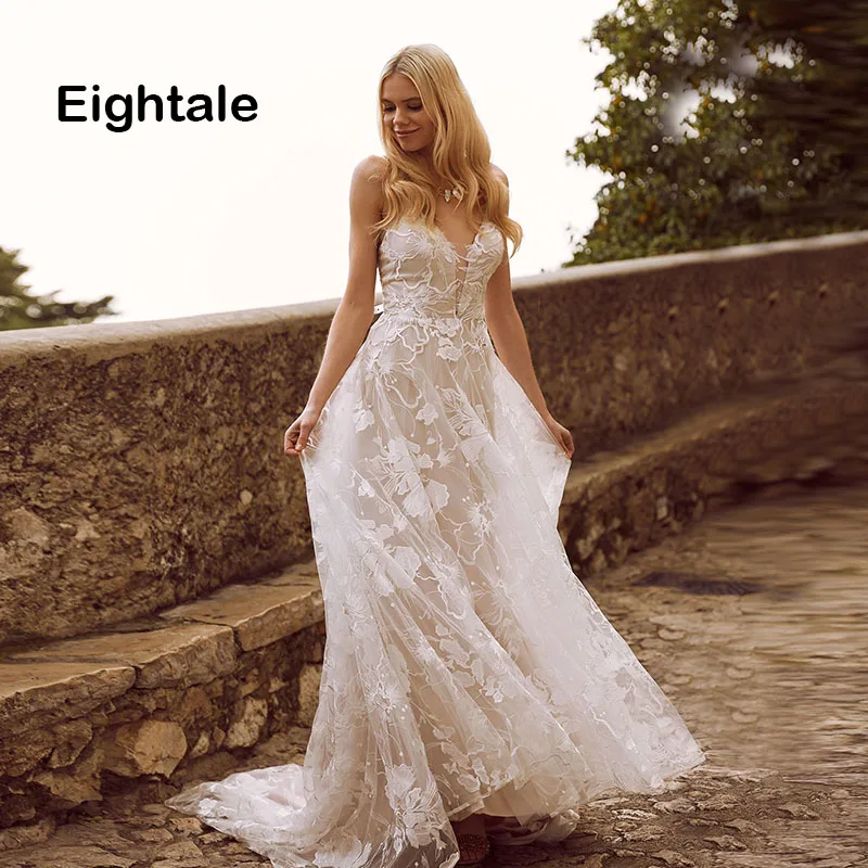 Eightale Bohemian Wedding Dresses Boho Spaghetti Strap Sexy A-Line Beach Sweep Train Lace Wedding Gowns Vintage Bride Dress 2019
Eightale Bohemian Wedding Dresses Boho Spaghetti Strap Sexy A-Line Beach Sweep Train Lace Wedding Gowns Vintage Bride Dress 2019
