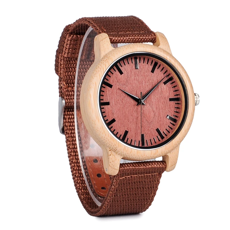 BOBO BIRD Red Dial Bamboo Wooden Watch With Nylon Strap BOBO BIRD Red Dial Bamboo Wooden Watch With Nylon Strap