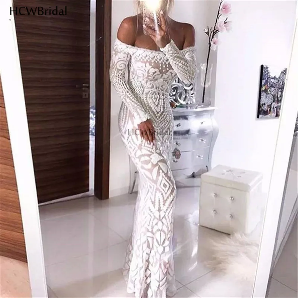 Long Sleeve White Evening Dress 2019 Exquisite Sequins Lace Mermaid Floor Length Off The Shoulder Sexy Prom Gowns Custom Made
Long Sleeve White Evening Dress 2019 Exquisite Sequins Lace Mermaid Floor Length Off The Shoulder Sexy Prom Gowns Custom Made