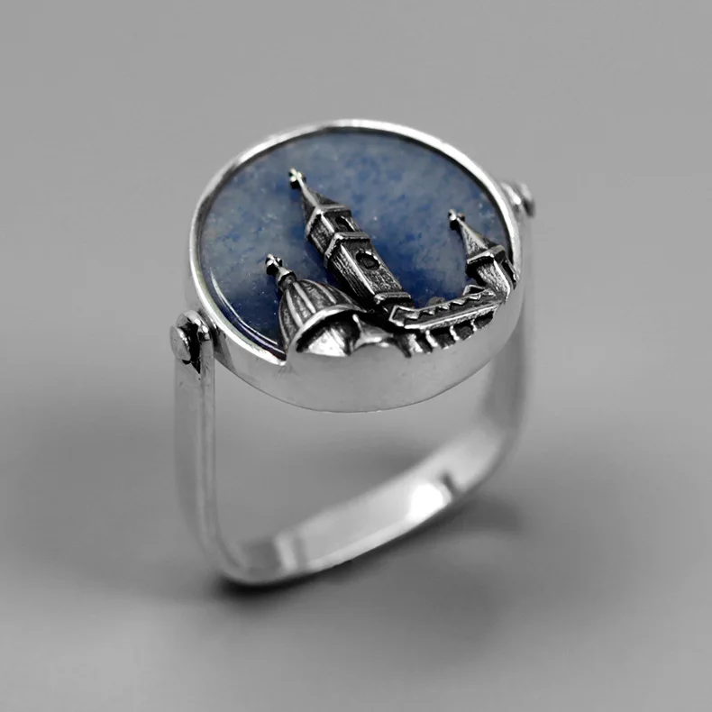 

CMAJOR Original 925 Sterling Silver Blue Aventurine Quartz Cameo Church Rotatable Rings Women Girls Fine Jewelry Wholesale