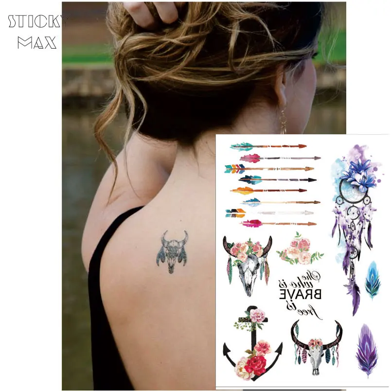 W12 1 Piece Flower Crown Boho Chic Cow Head Temporary Tattoo with Anchor, Colorful Arrow, Dream Catcher PatternTattoos
W12 1 Piece Flower Crown Boho Chic Cow Head Temporary Tattoo with Anchor, Colorful Arrow, Dream Catcher PatternTattoos