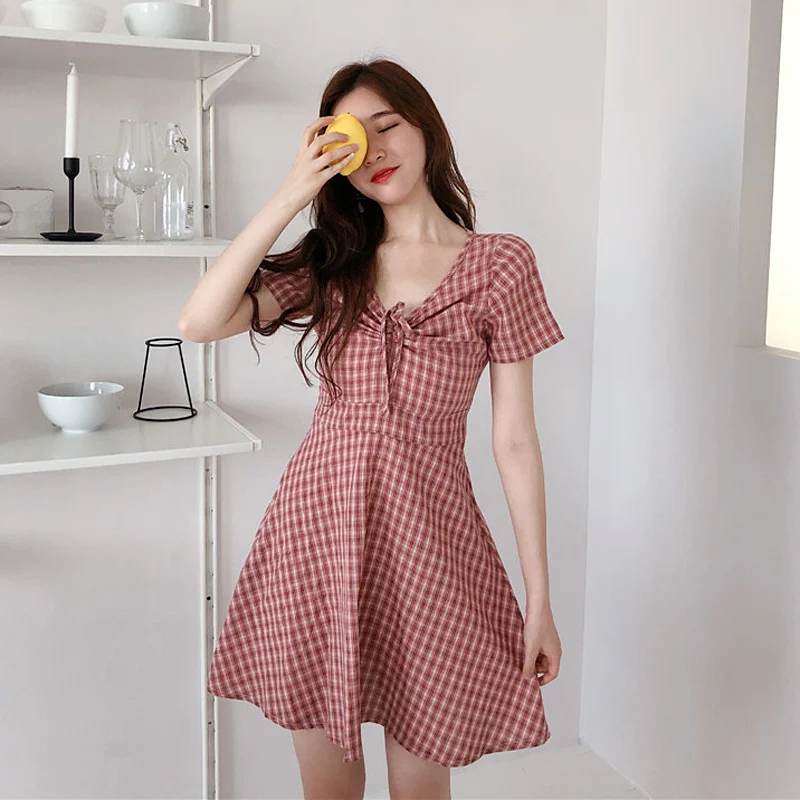 Sweet Women Fashion Plaid Mini Dress Summer Short Sleeve Draw String V-Neck Empire Party Dress Casual A-Line Short Cute Clothing
Sweet Women Fashion Plaid Mini Dress Summer Short Sleeve Draw String V-Neck Empire Party Dress Casual A-Line Short Cute Clothing