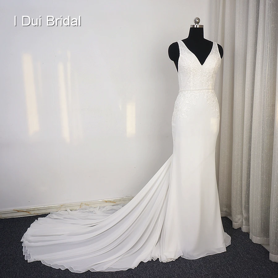 Sheath Chiffon Wedding Dress Appliqued Beaded V Neck High Quality Bridal Gown Real Photo
Sheath Chiffon Wedding Dress Appliqued Beaded V Neck High Quality Bridal Gown Real Photo