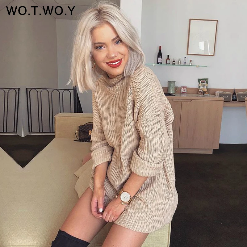 Turtleneck Long Sweater Dress Women Knitted Mini Dresses Women Long Sleeve Pullovers Female Autumn Dress Casual Jumpers