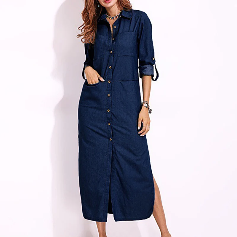 2019 Women Femme New Elegant Long Shirt Dress Women's Pockets Loose Swing Dress Long Sleeve Denim Solid Dresses plus Size 5XL
2019 Women Femme New Elegant Long Shirt Dress Women's Pockets Loose Swing Dress Long Sleeve Denim Solid Dresses plus Size 5XL
