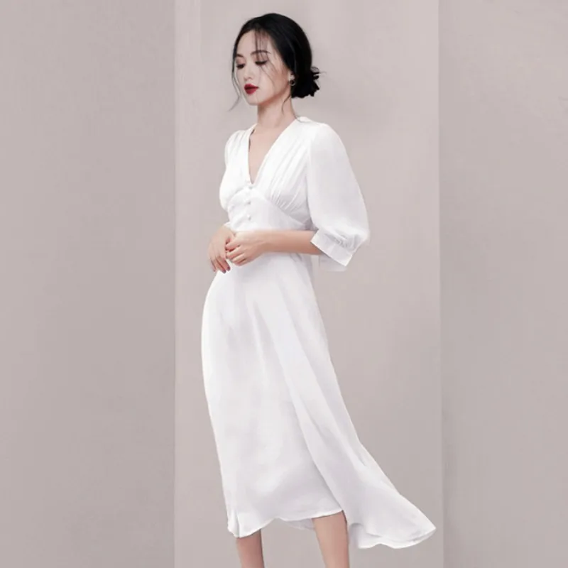 Summer Elegant Vintage White Chiffon Office Lady Dress Women Long Vestidos Casual Slim Half Sleeve Sexy Deep V-neck Party Dress
Summer Elegant Vintage White Chiffon Office Lady Dress Women Long Vestidos Casual Slim Half Sleeve Sexy Deep V-neck Party Dress