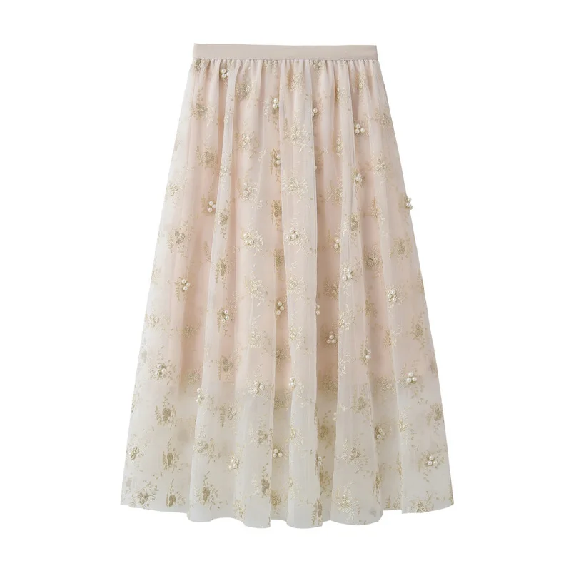 Summer Pearls Flower Embroidery Mesh Long Skirts Golden-line Embroidered Floral Beaded Pleated Maxi Long Tulle Skirts
Summer Pearls Flower Embroidery Mesh Long Skirts Golden-line Embroidered Floral Beaded Pleated Maxi Long Tulle Skirts