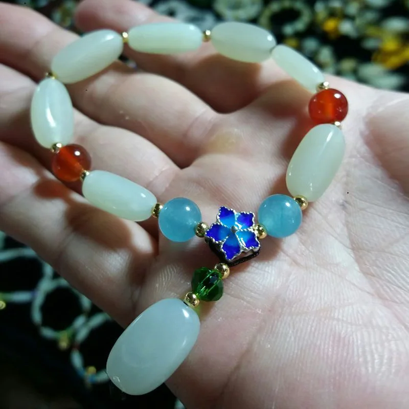 Natural White Hetian Jades Bracelets Red Blue Beads Hand String Bangles Women's Fashion Jades Stone Jewerly
Natural White Hetian Jades Bracelets Red Blue Beads Hand String Bangles Women's Fashion Jades Stone Jewerly