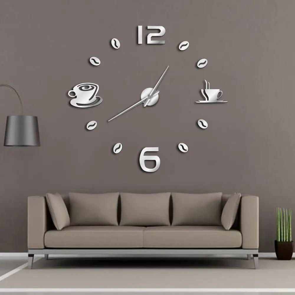 

Cafe DIY Large Wall Clock Frameless Giant Wall Clock Modern Design Cafe Coffee Mug Coffee Bean Wall Decor Kitchen Wall Watch