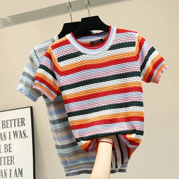 2019 New Summer Candy Color Rainbow Stripes Loose Short Sleeve Knitting Top All-match O Neck Hollow Out Women Knitted T-shirt
2019 New Summer Candy Color Rainbow Stripes Loose Short Sleeve Knitting Top All-match O Neck Hollow Out Women Knitted T-shirt