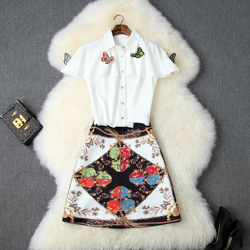 Skirt Set Summer Women 2019 Turn Down Collar Cloak Sleeves Appliques Butterfly Shirt + Printed A-Line Mini Skirt Two Piece Set
Skirt Set Summer Women 2019 Turn Down Collar Cloak Sleeves Appliques Butterfly Shirt + Printed A-Line Mini Skirt Two Piece Set