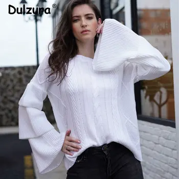Elegant Women White Flare Sleeve Knitted Sweaters Personality Design O-Neck Jumpers Top Autumn Winter Loose Knitwear Femme
Elegant Women White Flare Sleeve Knitted Sweaters Personality Design O-Neck Jumpers Top Autumn Winter Loose Knitwear Femme
