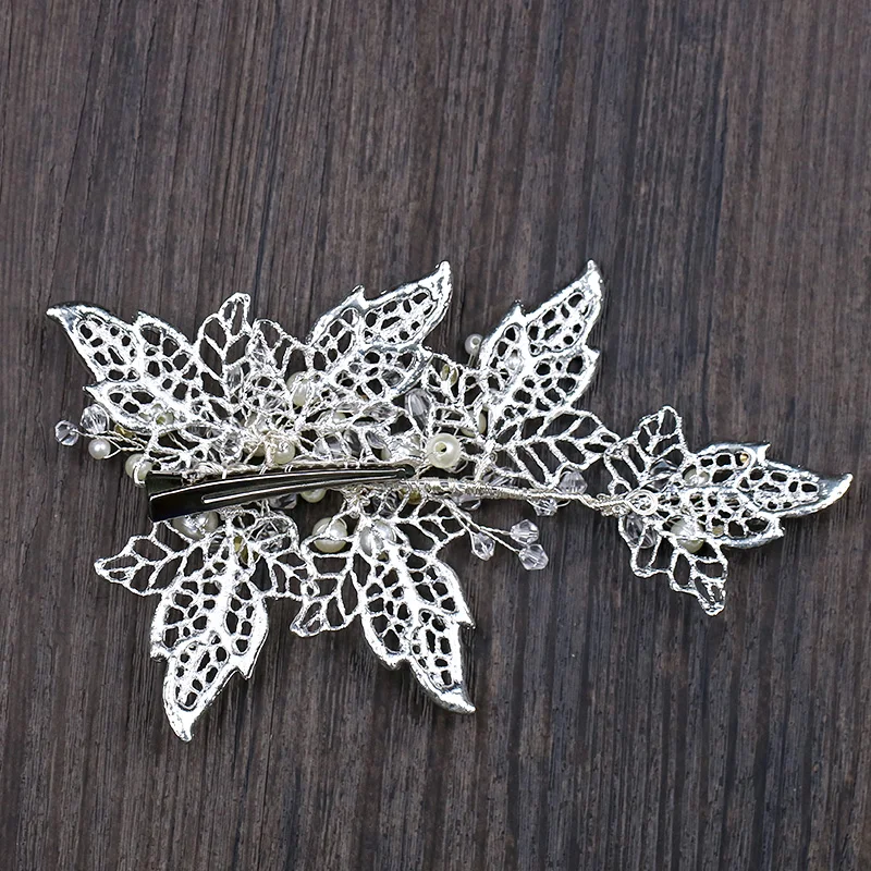 Handmade Silver Barrettes Wedding Hair Accessories Pearl Head Clip Rhinestone Hair Ornament Leaves Crystal Style Hair Decoration (4)