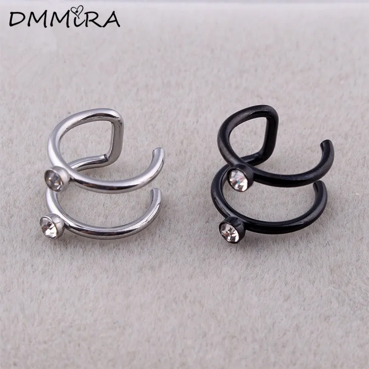Fashion Women Punk Color Gold Black Titanium Steel Crystal Allergy Double Circle Wire No Hole Hoop Huggie Earrings Jewelry | Украшения и