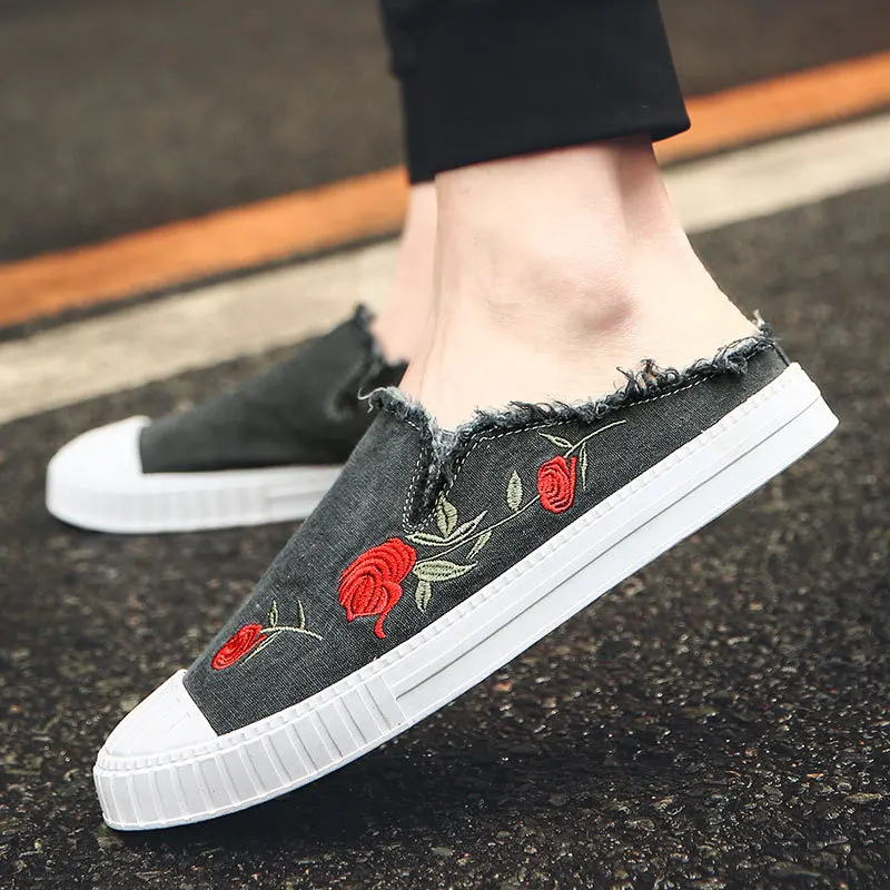 New Heelless Half Slippers Casual Footwear Rose Canvas Lazy Men's Shoes In Spring and Summer | Обувь