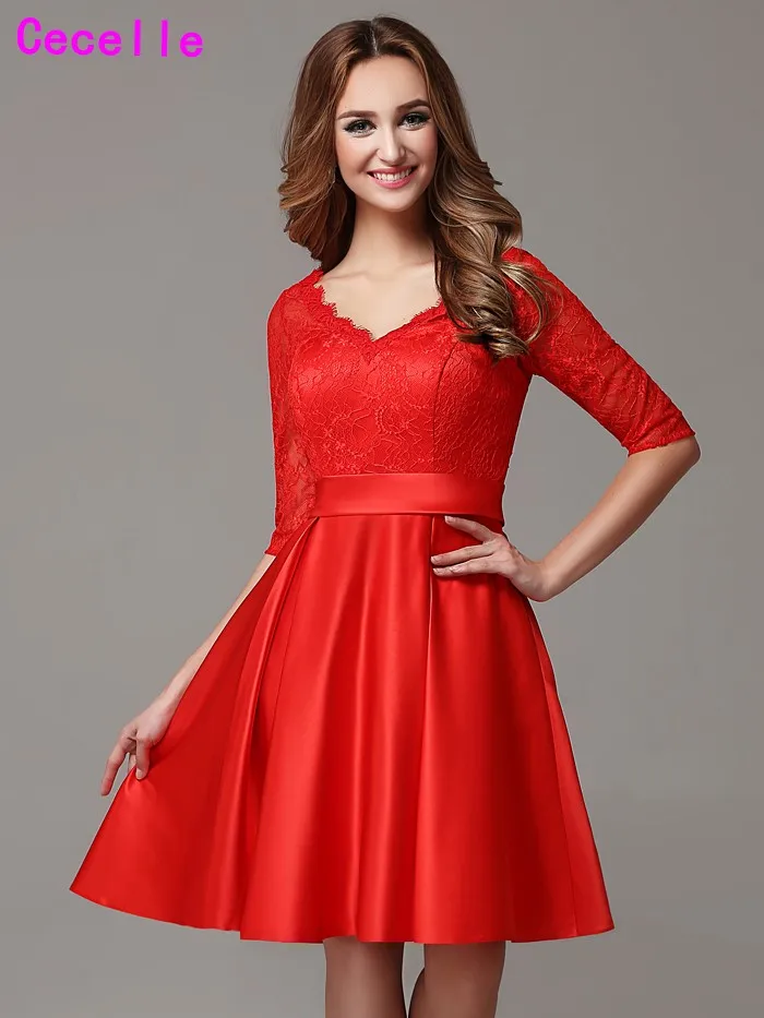 Фото Красное деревенское скромное Короткое Платье Для подружки невесты с рукавами до