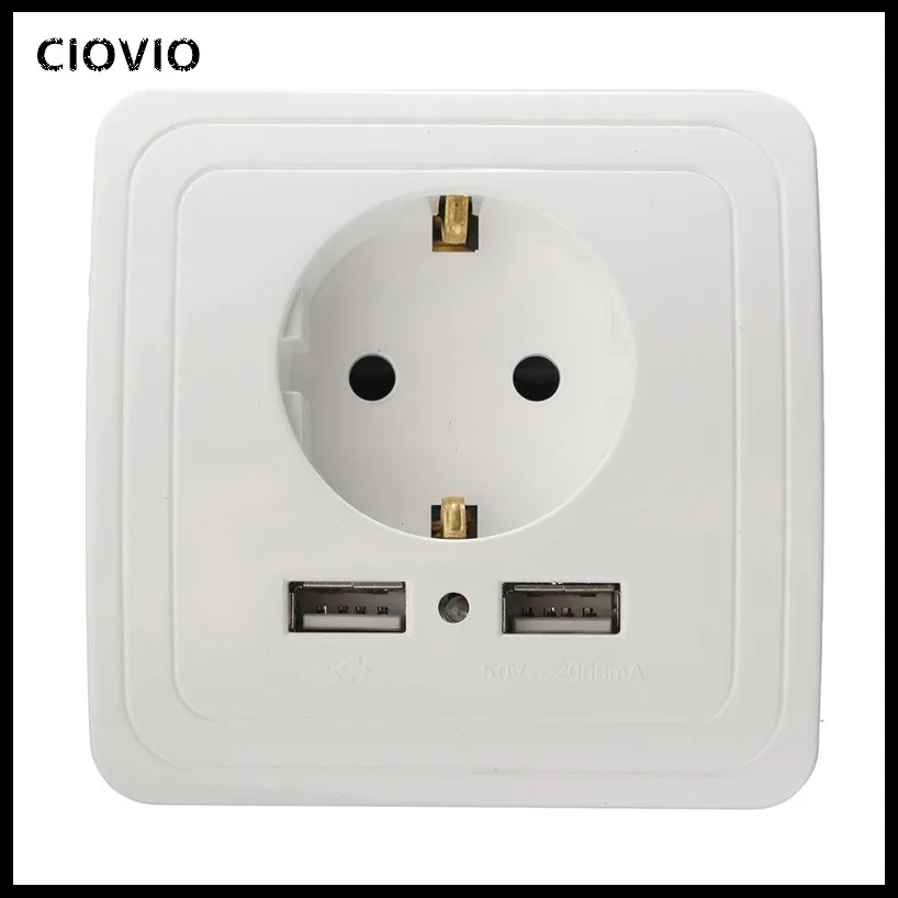 Smart Home Best Dual USB Port 2000mA Wall Charger Adapter 16A EU Standard Electrical Plug Socket Power Outlet Panel 250V