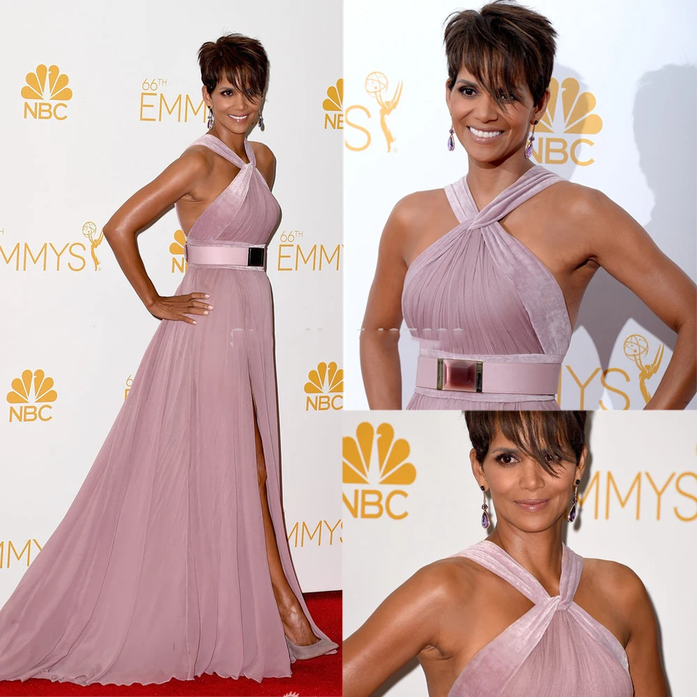 

2020 free shipping Emmy Awards Halle Berry Dresses Halter Pleat Side Slit Long Celebrity Dresses Evening Gowns