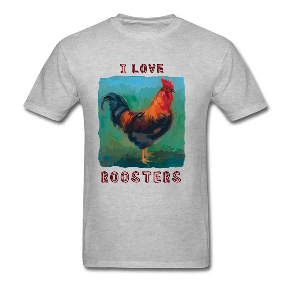 Normal O Neck Top T-shirts Summer T Shirt Short Sleeve Fitted 100% Cotton Casual Clothing Shirt Printed On Male I Love Roosters colorful cute rooster design grey