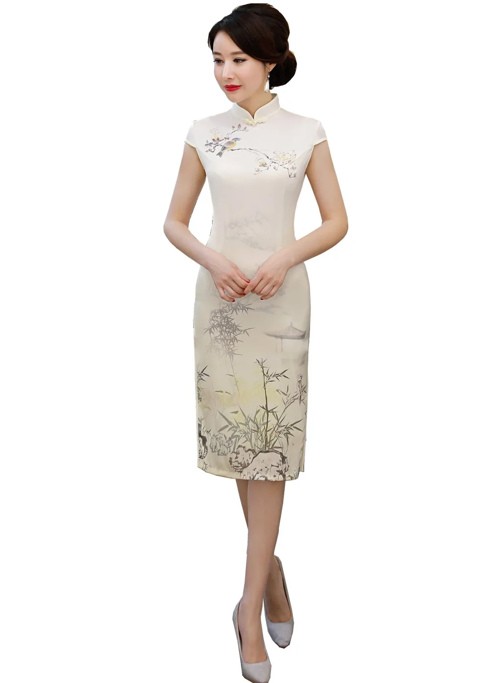 Фото Женское Платье До Колена Shanghai Story бежевое традиционное китайское платье Ципао с