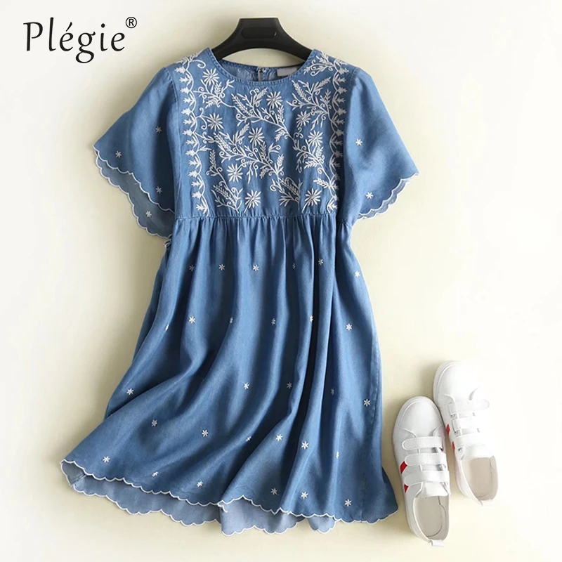 Plegie Summer Tencel Denim Dress Women Embroidered O Neck Short Sleeve Soft Jeans Shirt Dress Pleated High Waist Autumn Vestidos
Plegie Summer Tencel Denim Dress Women Embroidered O Neck Short Sleeve Soft Jeans Shirt Dress Pleated High Waist Autumn Vestidos