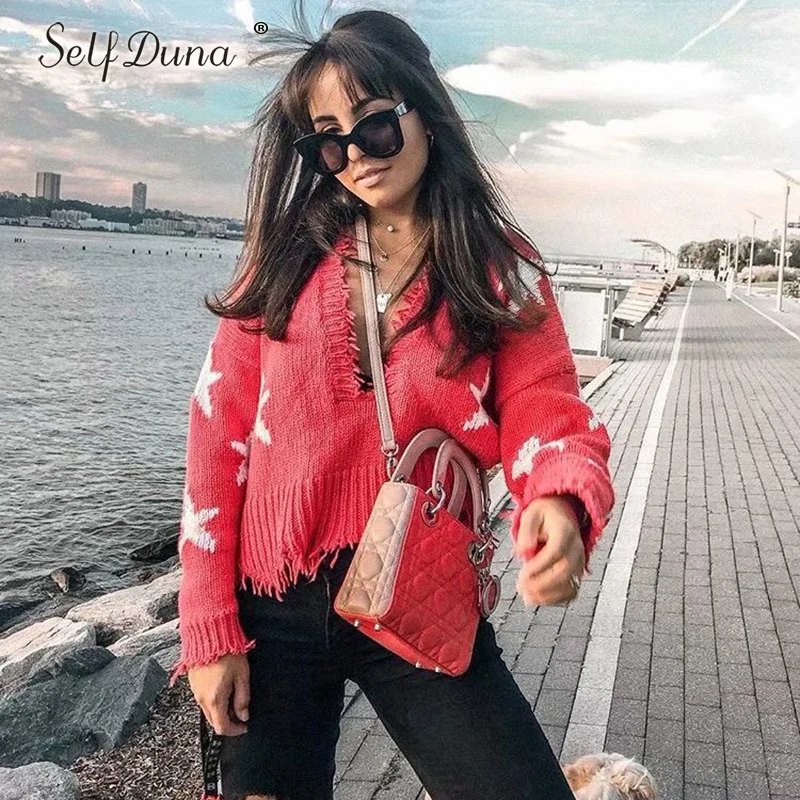 Self Duna 2019 Autumn Winter Women Red Sweater Female Pullover Knitted Jumper Star Tassel V Neck Sexy Sweater Pull Femme
Self Duna 2019 Autumn Winter Women Red Sweater Female Pullover Knitted Jumper Star Tassel V Neck Sexy Sweater Pull Femme