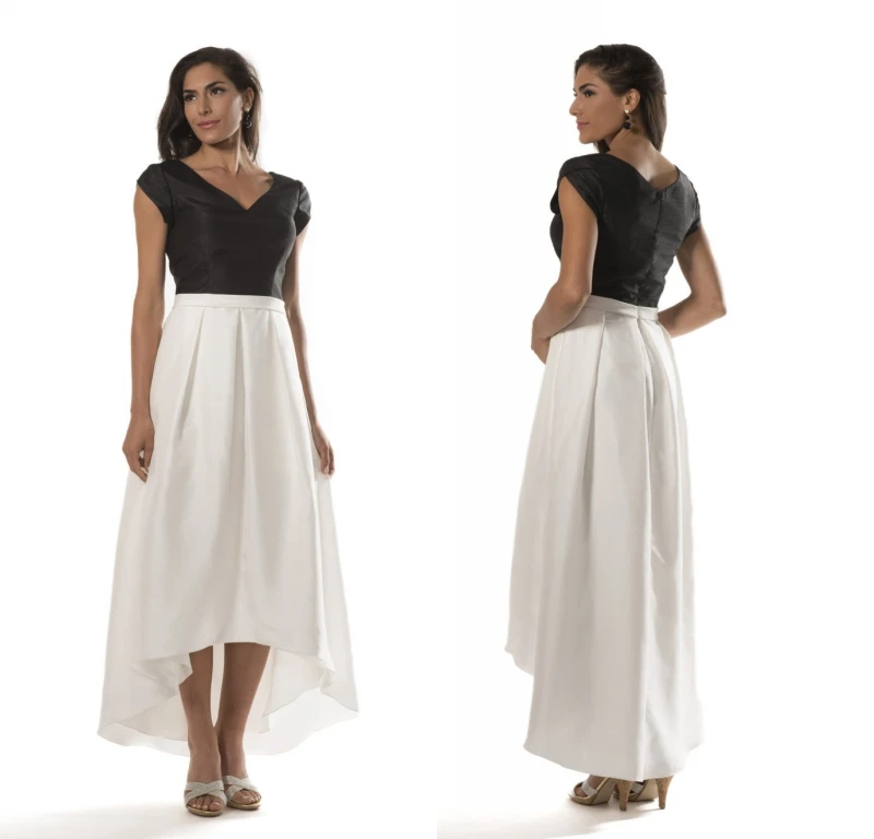 Vintage High Low Modest Bridesmaid Dresses 2019 With Sleeves Taffeta Black And White Country Simple Wedding Guests Dresses Cheap
Vintage High Low Modest Bridesmaid Dresses 2019 With Sleeves Taffeta Black And White Country Simple Wedding Guests Dresses Cheap