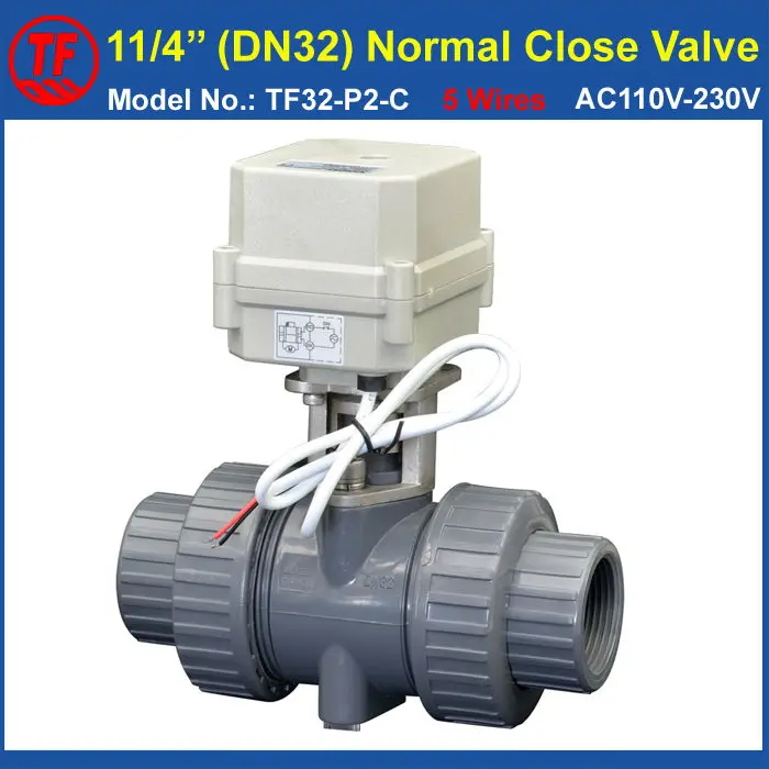 

TF32-P2-C, 2 Way BSP/NPT 11/4'' DN25 Normal Close Electric PVC Valve A110-230V 5 Wires With Signal Feedback 10NM On/Off 15 Sec