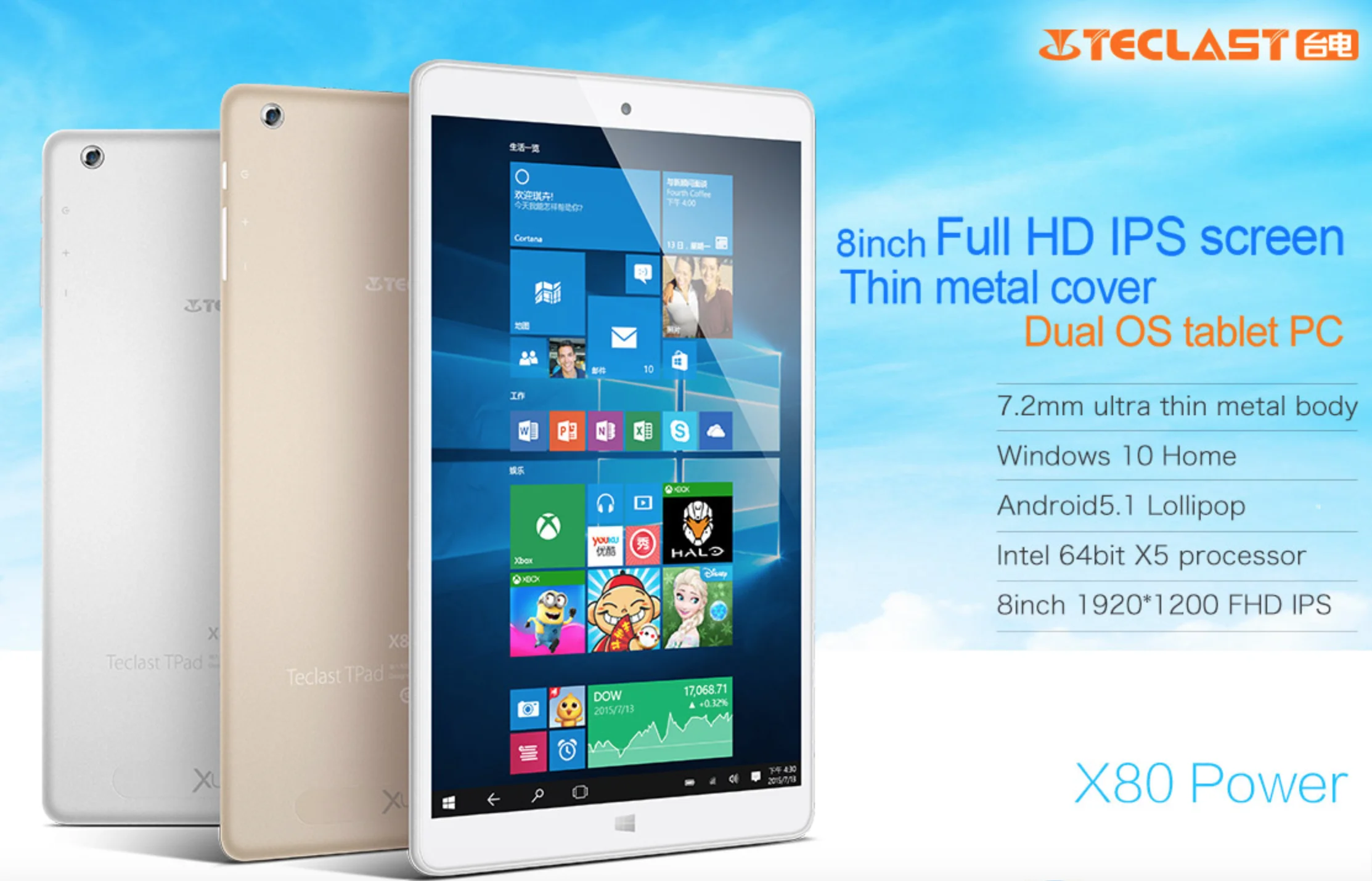 

Teclast X80 Power 8.0'' Tablet PC Windows 10 Android 5.1 2GB RAM 32GB ROM IPS Intel Cherry Trail Z8300 Quad Core 3800mAh Tablet