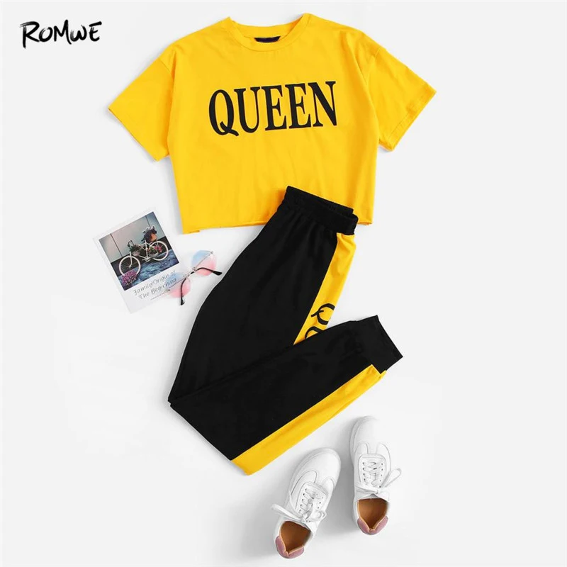 

ROMWE Letter Print Yellow Crop Top Tee With Pants Women Co-ords Summer Casual Short Sleeve T Shirt And Sweatpants Two Piece Set
