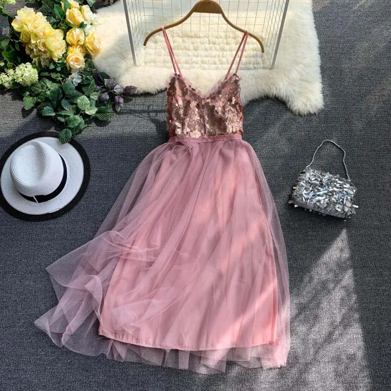 

NiceMix summer Sequined Party Dress Solid Mesh Patchwork Midi Dresses 2019 Summer V-neck A-line High Waist Sexy Vestidos Dress